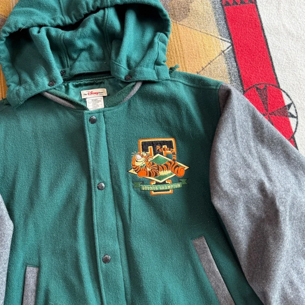 Vintage Disney Store Tigger Varsity Jacket Green Wool Blend Hooded Bomber Mens M - Picture 4 of 12
